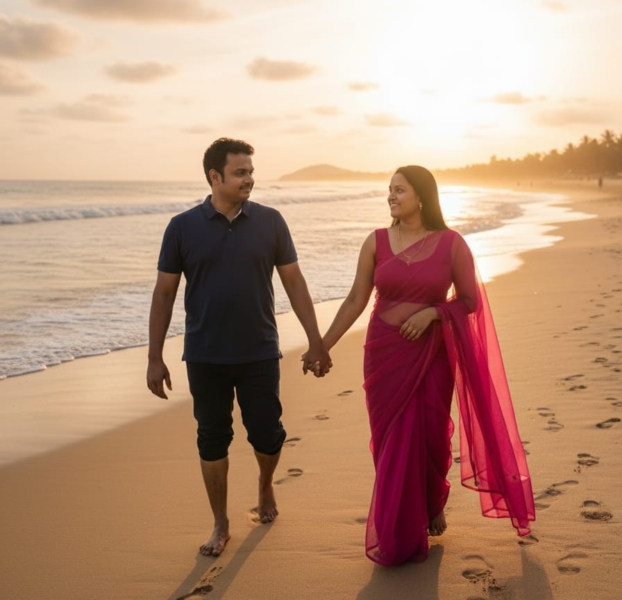 Romantic honeymoon couple relaxing on an Andaman beach